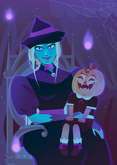 Mother and Pumpkin colorful halloween illustration magic magical sorcerer spooky vector witch witchcraft wizard