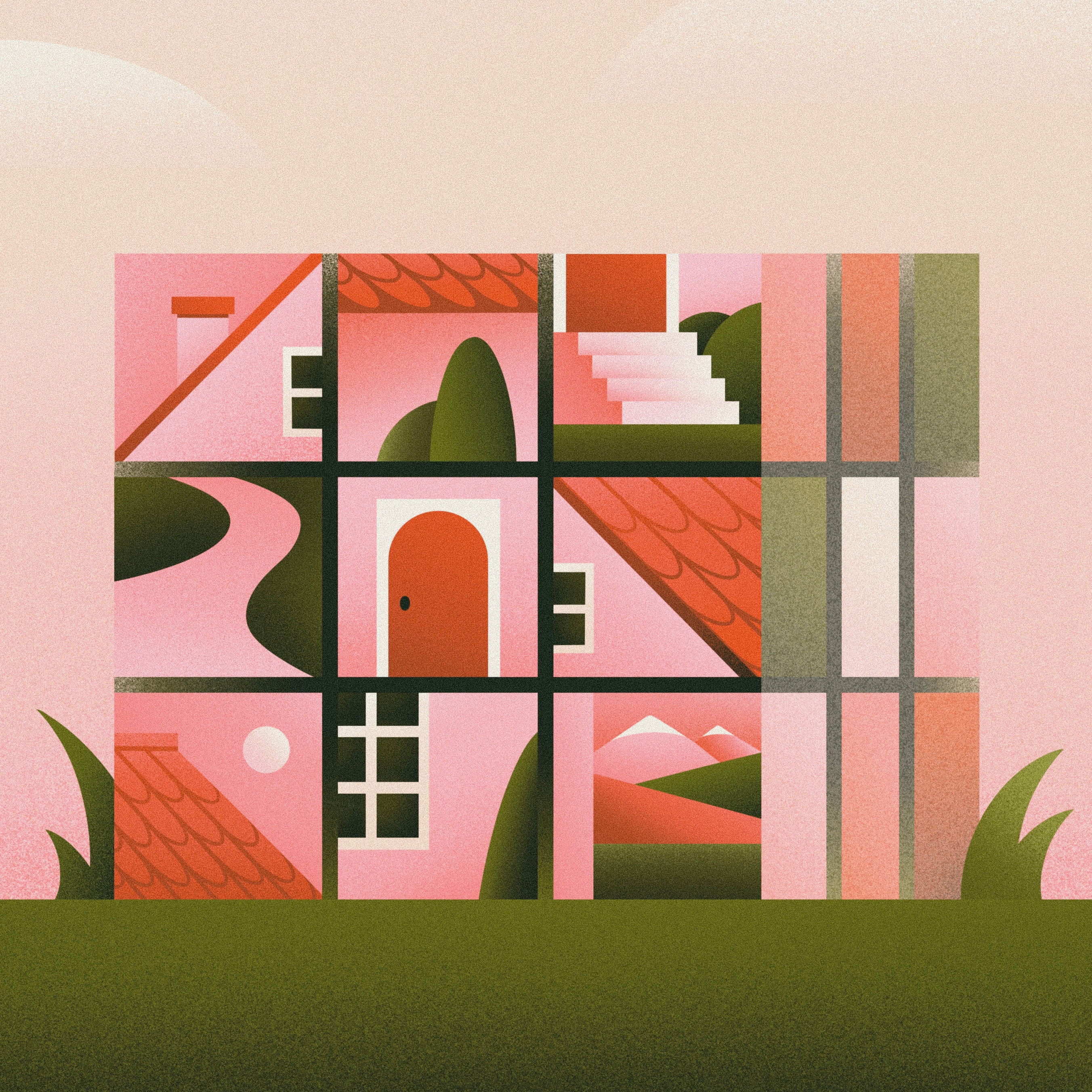 Fragmented House-Cube Illustration belonging cube design digital art editorial geometric home house illustration immigration landscape minimal nostalgia pastel puzzle relocation rubiks cube simple soft colors surreal