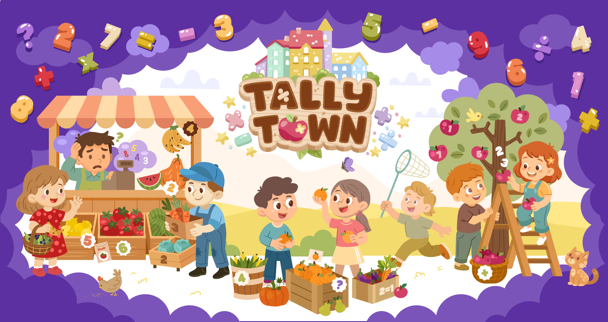 Tally Town EdTech 3d animation app branding education game graphic design kids learn logo math mathematics motion graphics tally town ui village