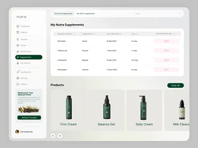 Health Dashboard - Supplements Page dashboard doctor app gym health home page landing page tracking ui website