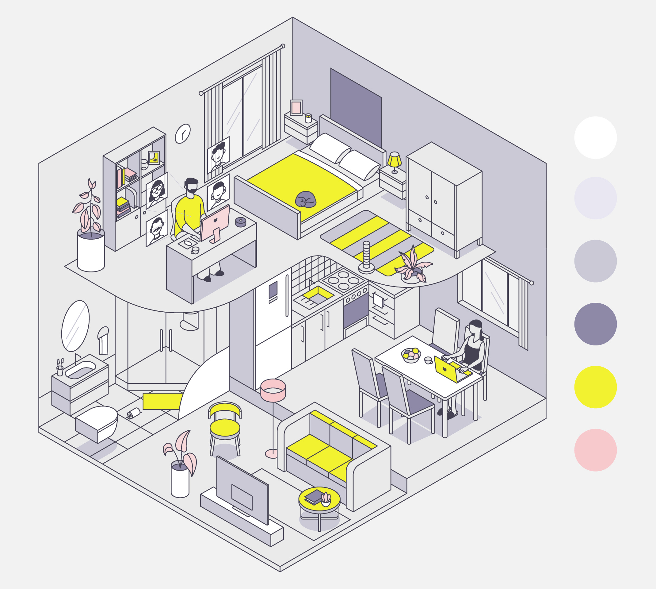 Home office bathroom bedroom call cat design flower graphic design hand home illustration isometric job kitchen living room man office vector women work