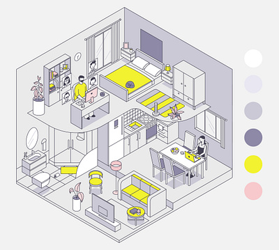 Home office bathroom bedroom call cat design flower graphic design hand home illustration isometric job kitchen living room man office vector women work