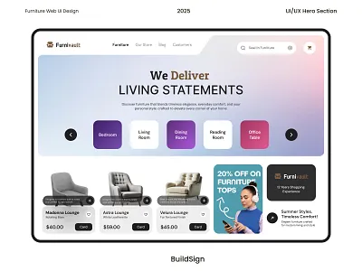 Furniture Web UI Design buildsign clean design creative agency ecommerce design ecommerce ui furniture branding furniture store ui furniture website home decor ui landing page design minimal ui modern web design online shopping ui product page ui shop website ui inspiration uiux design ux design web ui design website design