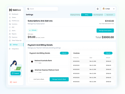 SaleBase - Billing & Subscription Dashboard admin panel billing ui clean design dashboard design data visualization design system figma design fintech ui idealrahi minimal ui payment ui saas design settings page subscription management ui desugb user interface ux design web dashboard webapp