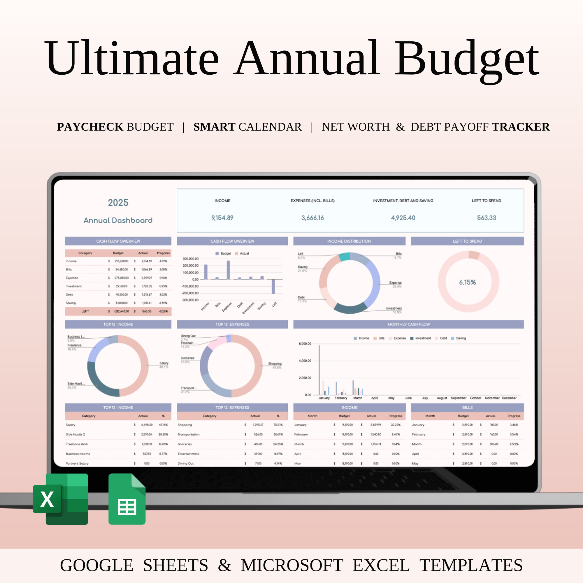 Annual Budget Spreadsheet Template annual budget bill planner budget dashboard budget organizer budget planner budgeting debt tracker excel template expense management family budget finance management financial goals financial planning google sheets income tracker money tracker monthly expenses personal finance savings tracker spending tracker