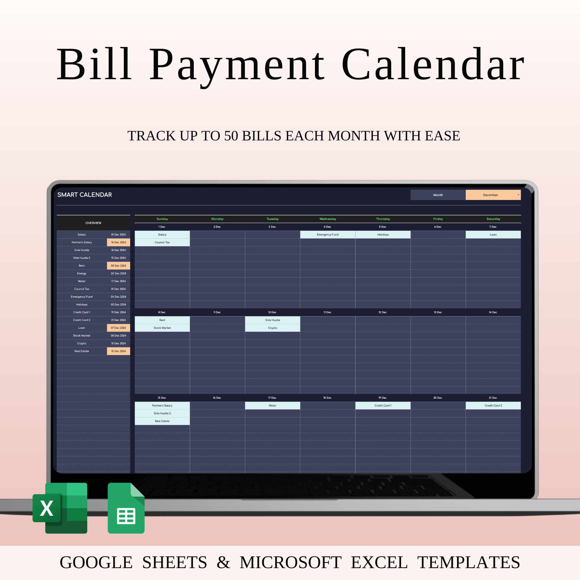 Bill Payment Calendar Template Excel & Google Sheets bill due dates bill organizer bill payment calendar bill payment tracker bill planner budget calendar dark mode spreadsheet due date calendar due date reminder excel calendar expense calendar expense tracker financial organizer financial planning tool google sheets template monthly bill tracker payment schedule payment tracker payment tracker spreadsheet subscription tracker