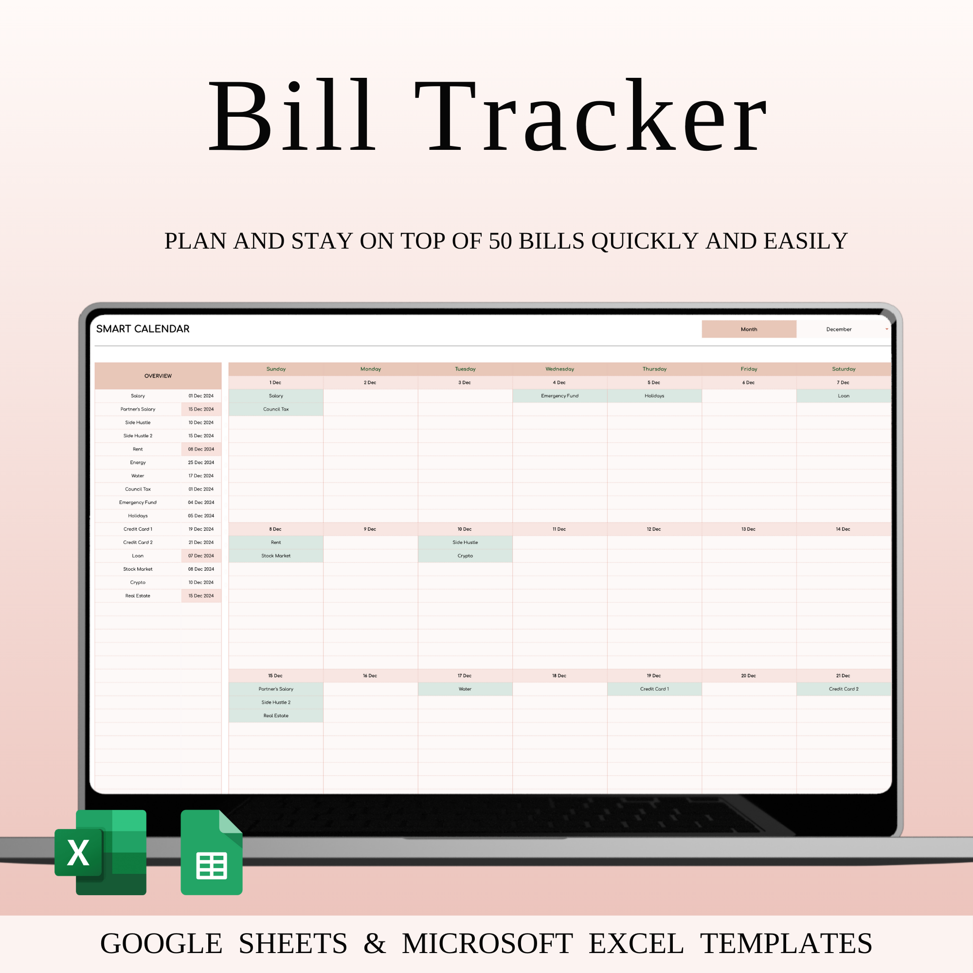 Bill Tracker Calendar Template Excel & Google Sheets automatic calculations bill management bill organizer bill planner bill tracker budgeting tool customizable colors due date calendar due date tracker elegant design excel template expense tracker financial dashboard financial organizer financial planning google sheets monthly bills payment calendar payment reminders subscription tracker
