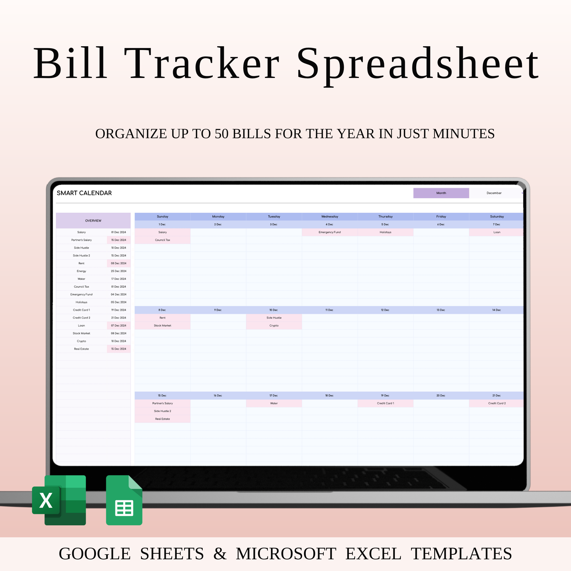 Bill Tracker Spreadsheet for Excel & Google Sheets bill management bill planner bill reminders bill tracker budgeting tool customizable calendar due date calendar due date tracker excel template expense tracker financial dashboard financial organizer financial planning google sheets monthly budgeting payment organizer payment schedule personal finance rainbow theme subscription tracker