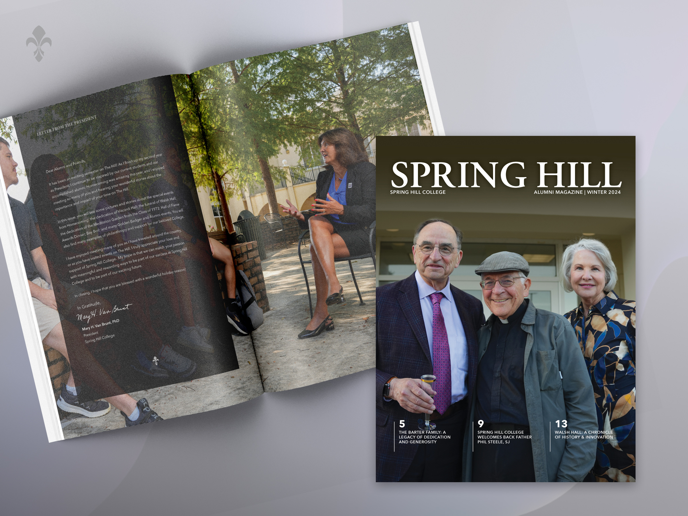 SHC Alumni Magazine Winter 2024 alumni brand college content design graphic design higher education layout layout design magazine magazine design magazine layout print print design print layout production design typographic layout university visual design