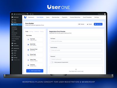 User ONE - WordPress Plugin UI Form Builder Concept builder customizable form plugin registration ui user ux wordpress
