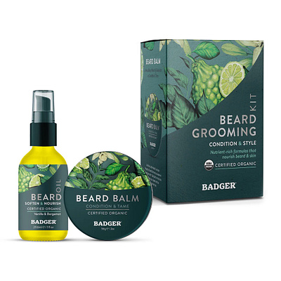 Beard Grooming Kit Branding badger balm beard beauty beauty branding box branding design cosmetic packaging grooming kit masculine mens cosmetic mockup oil organic packaging packaging art packaging design packaging illustration