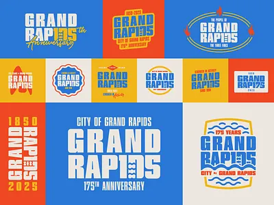 Grand Rapids 175th Anniversary Logo Collage 175 years anniversary badge brand identity brand system branding celebration centennial city branding civic derek mohr government grand rapids graphic design logo michigan midwest modern responsive logo typography