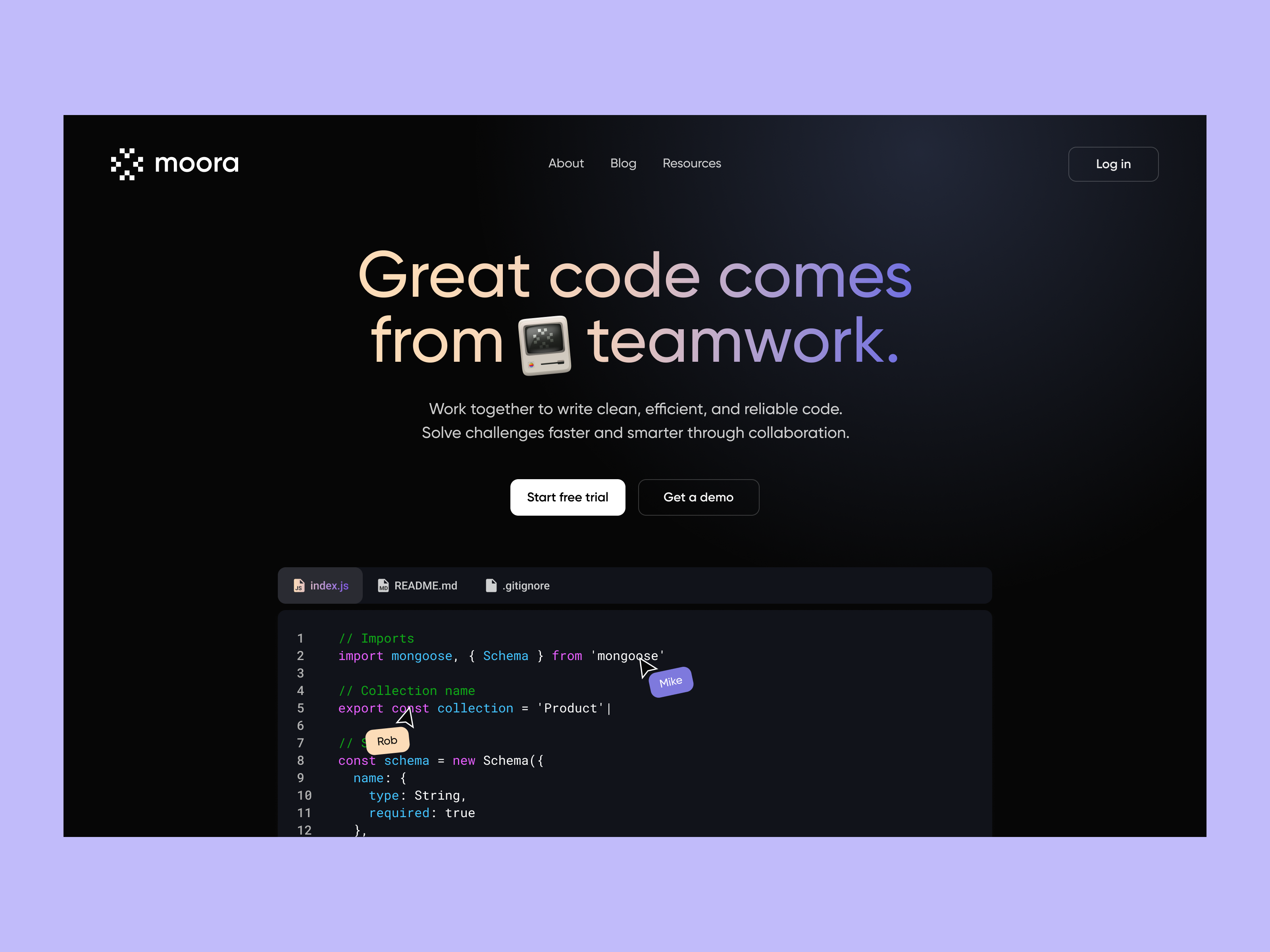 moora: team collaboration for developers code editor coding dark mode developer tools development landing page saas source code teamwork ui
