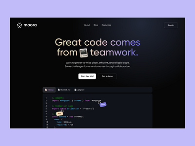 moora: team collaboration for developers code editor coding coding platfor dark mode developer tools development landing page saas source code teamwork ui