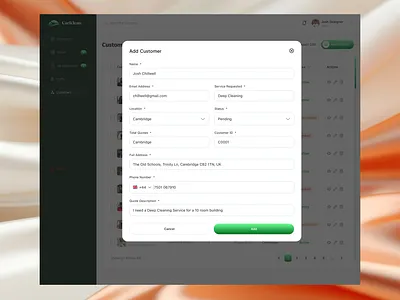Cleaning Admin Dashboard (Add Customer screen) add customer admin admin dashboard cleaning app cleaning mobile app cleaning website dashboard design uidesign uiux uiux designer uxdesign wordpress