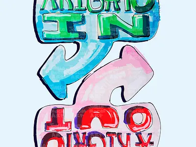 Arigato In, Arigato Out arigato arigato in arigato out arrows bilingual colorful contrast design illustration japan joselo rocha art playful quirky text typography whimsical