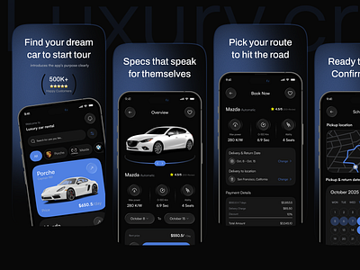 App Store Screenshots – Car Rental App app screens app store app store screens app store screenshot automotive app booking app car rental app car reservation dark theme google play ios app design luxury car booking play store play store screens play store screenshot product design rental service transportation app ux design vehicle rental