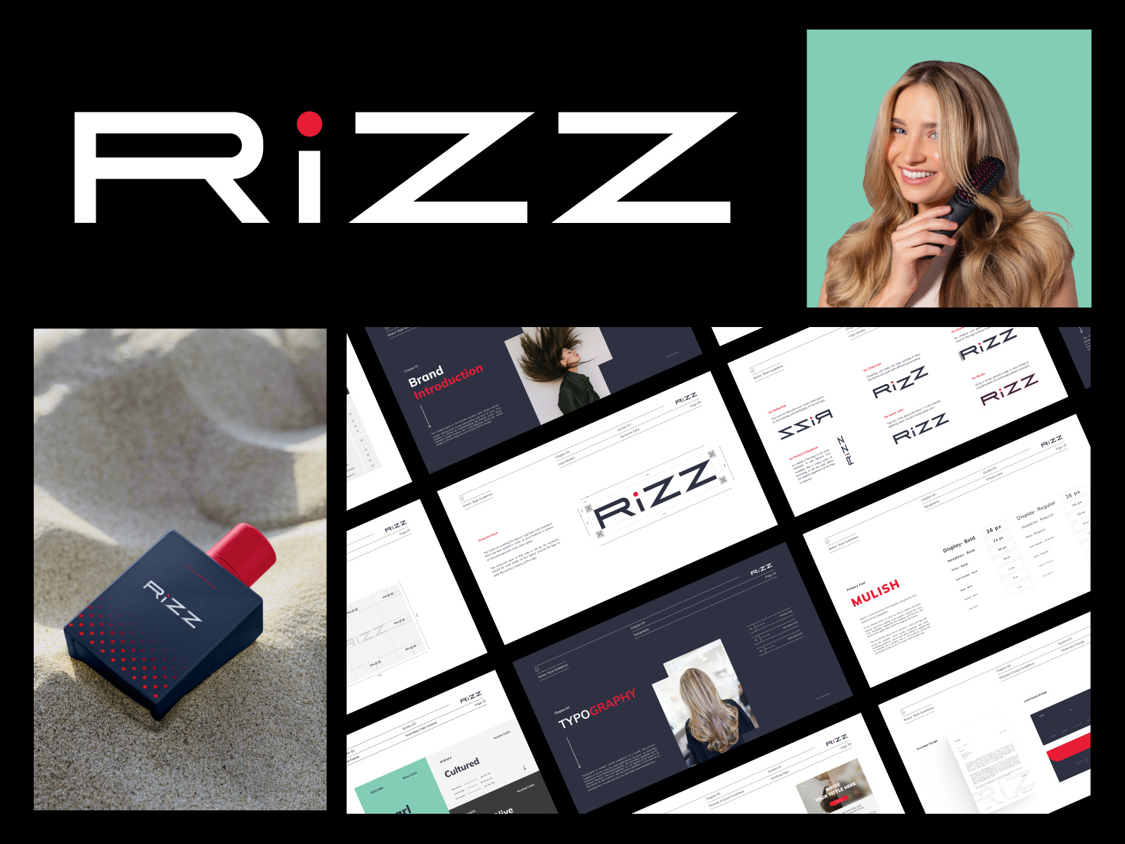 Rizz | Modern Hair Care Logo to Branding kits, Packaging Design brand brand bible brand book brand design brand designer brand identity brand style guide branding care cosmetics design fashion hair care logo logo design logo identity modern rizz visual identity wellness
