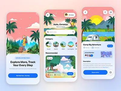 Explore & Camp – Adventure Travel Mobile App UI Design app app design illustration mobile app mobile app design mobile design mobile ui tour tourism travel travel app travelling trip ui ux