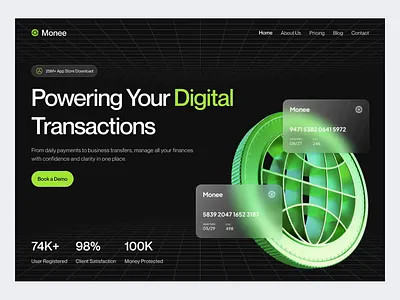 Monee - Digital Payment Hero Section animation budget allocation credit card debit card digital banking digital payment digital transaction digital wallet finance finance monitoring financial analytics fintech hero section money management money transfer online payment spending monitoring transaction web design