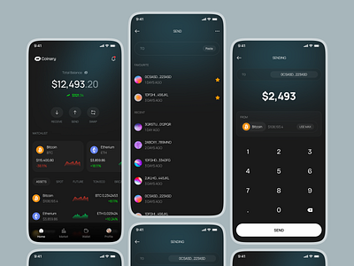 Coinary - Crypto Wallet App banking bitcoin blockchain crypto crypto app crypto exchange crypto wallet cryptocurrency currency dark mode ethereum fintech mobile app mobile wallet money trading transaction ui wallet wallet app