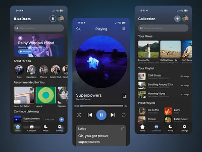 BlueRoom - Music Player App UI Design adobe xd branding clients desain design service designers exploration figma graphic design mobile app music player ui ui design ui ux ux ux design
