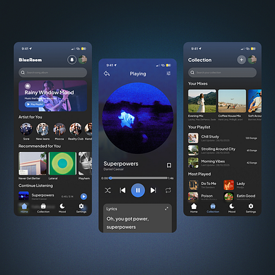 BlueRoom - Music Player App UI Design adobe xd branding clients desain design service designers exploration figma graphic design mobile app music player ui ui design ui ux ux ux design
