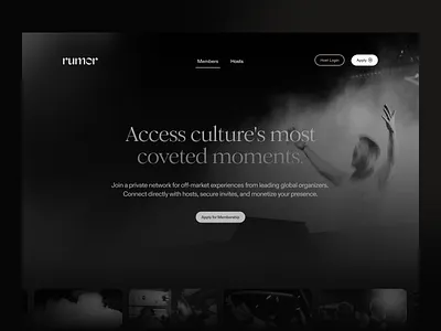 Rumor art direction brand identity creative studio dark mode design system events platform fashion tech interaction design luxury branding membership platform minimal design modern ui motion design nightlife product design saas ui design ux design web app web design