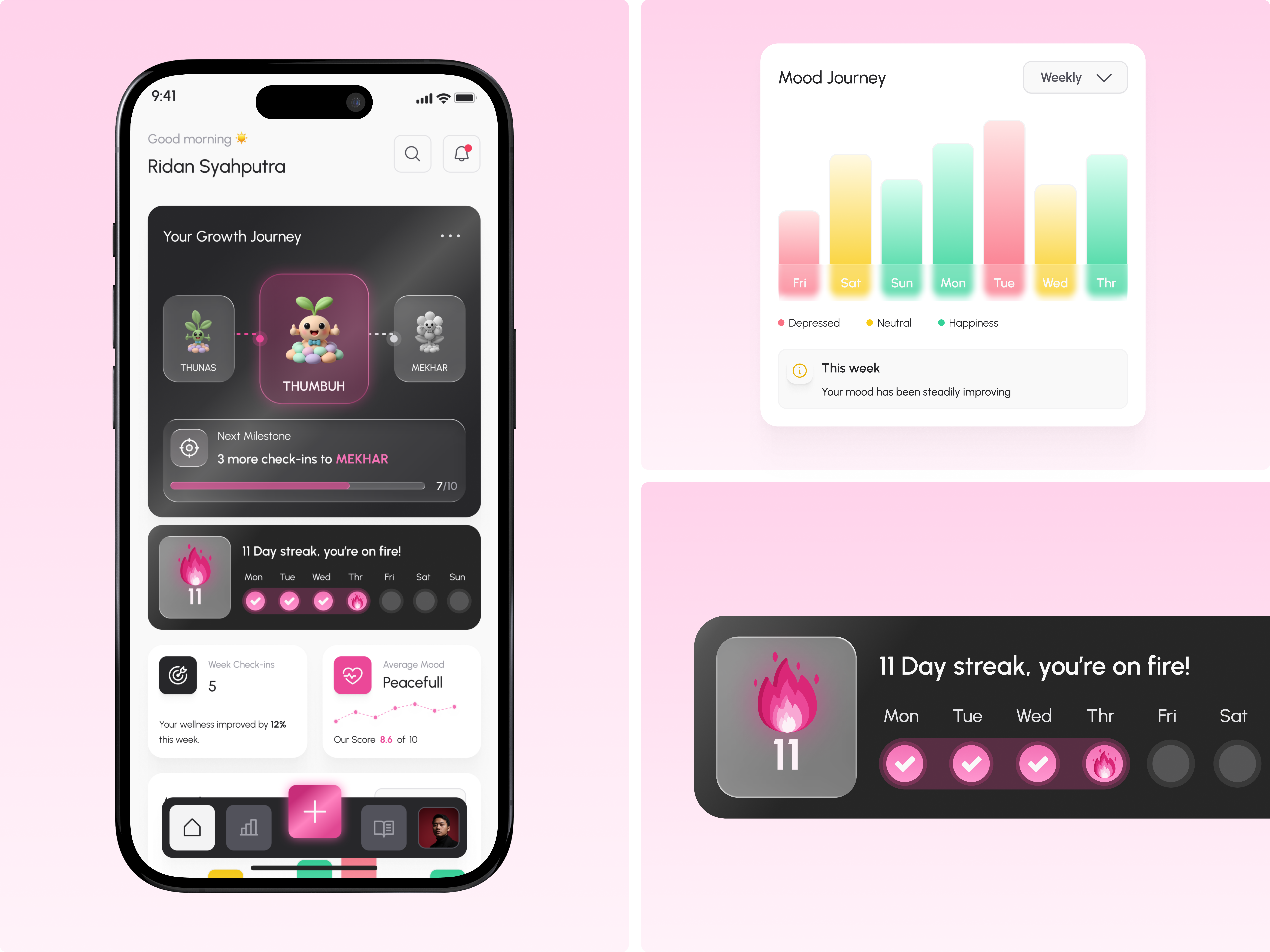 BloomCare — Mental Health Companion App 3d clean gamification healthcare mental health mentalhealthapp mobile mobile app modern pink product design soft ui uiux user experience user interface ux