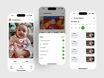 Baby monitoring app design baby care baby deep sleep baby event history baby light sleep baby monitoring app design baby sleep history dashboard design health tech mobile design modern app design music screen parenting app product design real time monitoring sleep tracker sleeping heart rate baby smart home