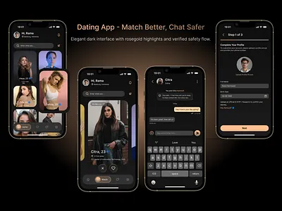 Dating App — Match Better, Chat Safer app mobile chat chat mobile design chat ui mobile chating dark mode design dark mode mobile dating dating app dating app mobile dating app ui dating ui elegant ui match dating rose gold design rose gold mobile design ui design ui mobile ui mobile elegant uiux