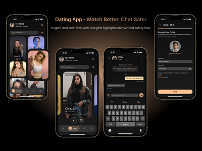 Dating App — Match Better, Chat Safer app mobile chat chat mobile design chat ui mobile chating dark mode design dark mode mobile dating dating app dating app mobile dating app ui dating ui elegant ui match dating rose gold design rose gold mobile design ui design ui mobile ui mobile elegant uiux