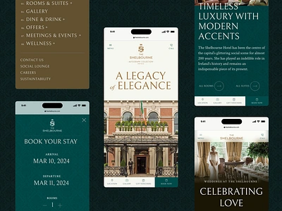 The Shelbourne Hotel - Mobile elegant hotel elegant website green and gold hotel mobile hotel website mobile design typography ui ui design