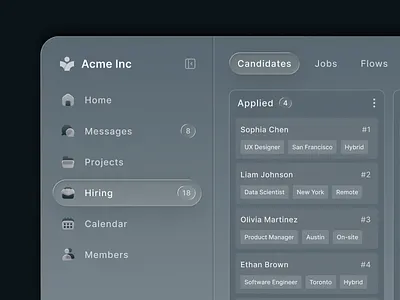 HR Dashboard - Candidate Hiring Management UI candidates clean dashboard dashboard ui design inspiration glass glassmorphism glassui graphic design hiring hrtech job recruitment saas tech ui ui ux uidesign webapp webdesign