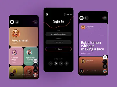 Social Dares Mobile App UI android app design challenge app community app creative design dark mode ui interface design ios mobile app design mobile design modern ui product design register form sign in form social app social media app ui ux viral app