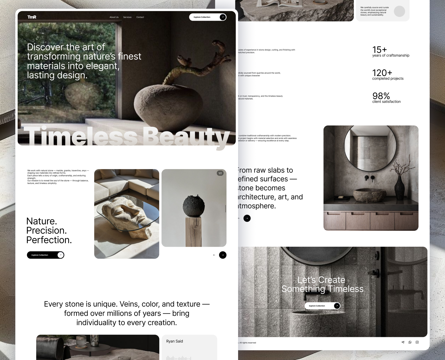 Natural Stone Studio — Minimal & Elegant Landing Page architectural design clean ui elegant ui figma design interior design landing page luxury design marble design minimal minimalism modern web natural stone neutral colors portfolio design premium brand product presentation textures uxui web concept website design