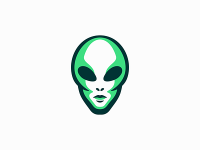 Alien Head Logo alien branding design extraterrestrial face future gaming green illustration logo mark mascot minimalist myster sci fi space sports tech vector