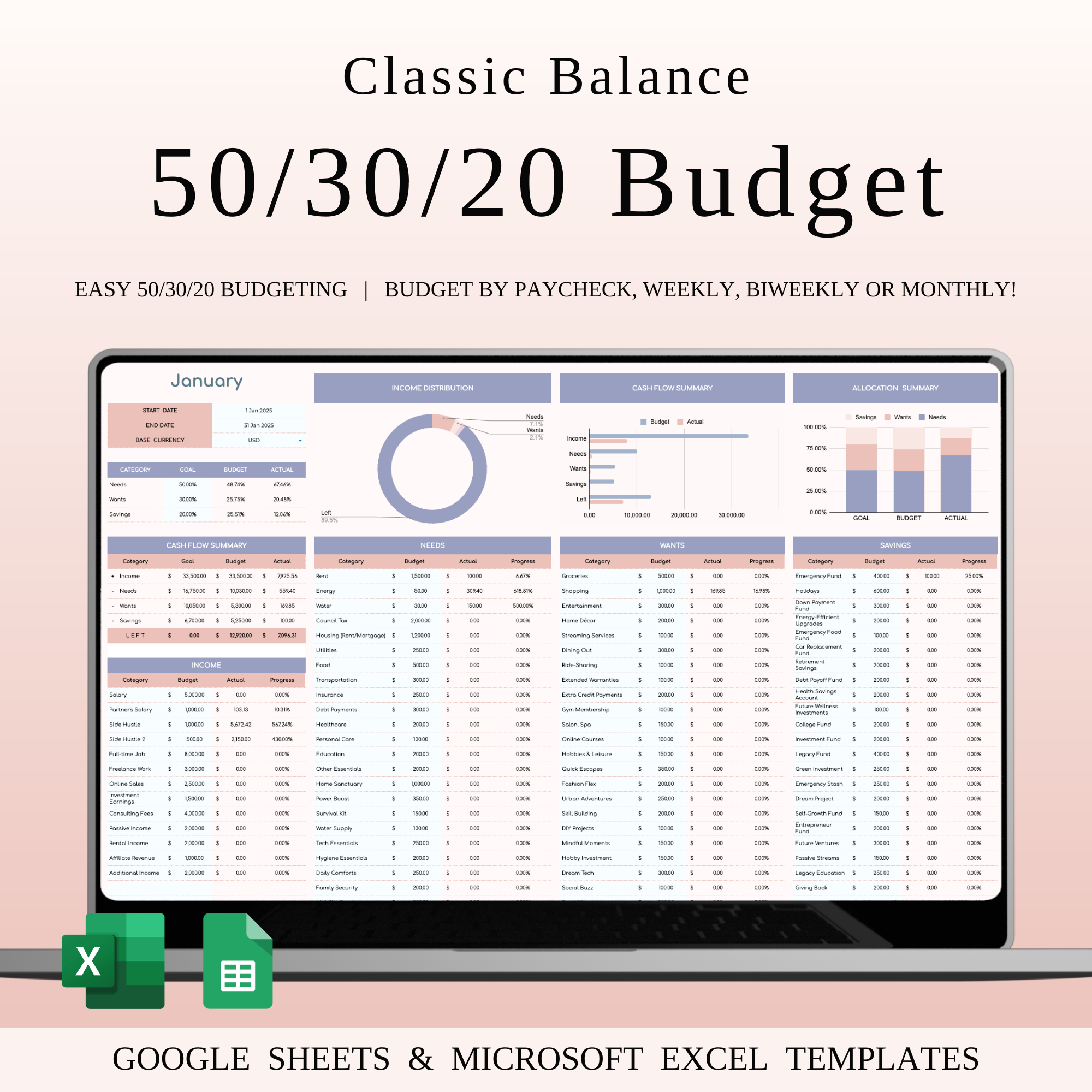 50/30/20 Budget Spreadsheet Template | Excel & Google Sheets 50 30 20 budget budget planner budget template budgeting excel expenses finance finance tracker financial goals financial planning google sheets income tracker money money management money tracker monthly budget personal finance savings simple budget