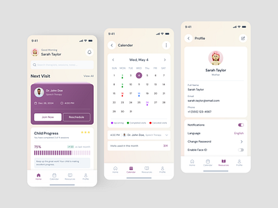 Pediatric Telehealth Mobile App, Clean & Calm Patient Experience app concept calendar app clean ui emr figma health app healthcare design medical app minimal ui mobile app design mobile ui parenting app patient portal product design profile screen progress tracker telehealth therapy app uiux ux design