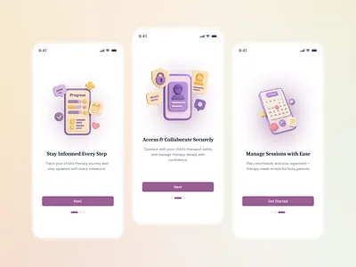 Therapy App Onboarding Flow — Mobile UI/UX 3d illustration app design clean ui health app healthcare design mental health minimal design mobile app mobile ui onboarding onboarding screens pediatric product design therapy app ui design ux design