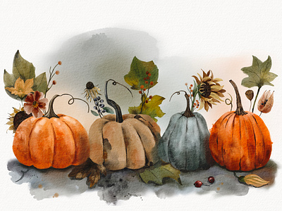 Watercolor pimpkins autumn autumn clipart autumn illustration berries botanical botanical art botanical illustration floral flowers hand drawn hand painted illustration leaves pumpkin sublimation sunflower watercolor watercolor clipart watercolor illustration watercolor illustrator