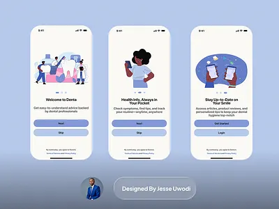 Denta: Oral Health Info App Onboarding Flow app design dental health app illustrations microcopy mobile app onboarding product design uiux user flow ux design