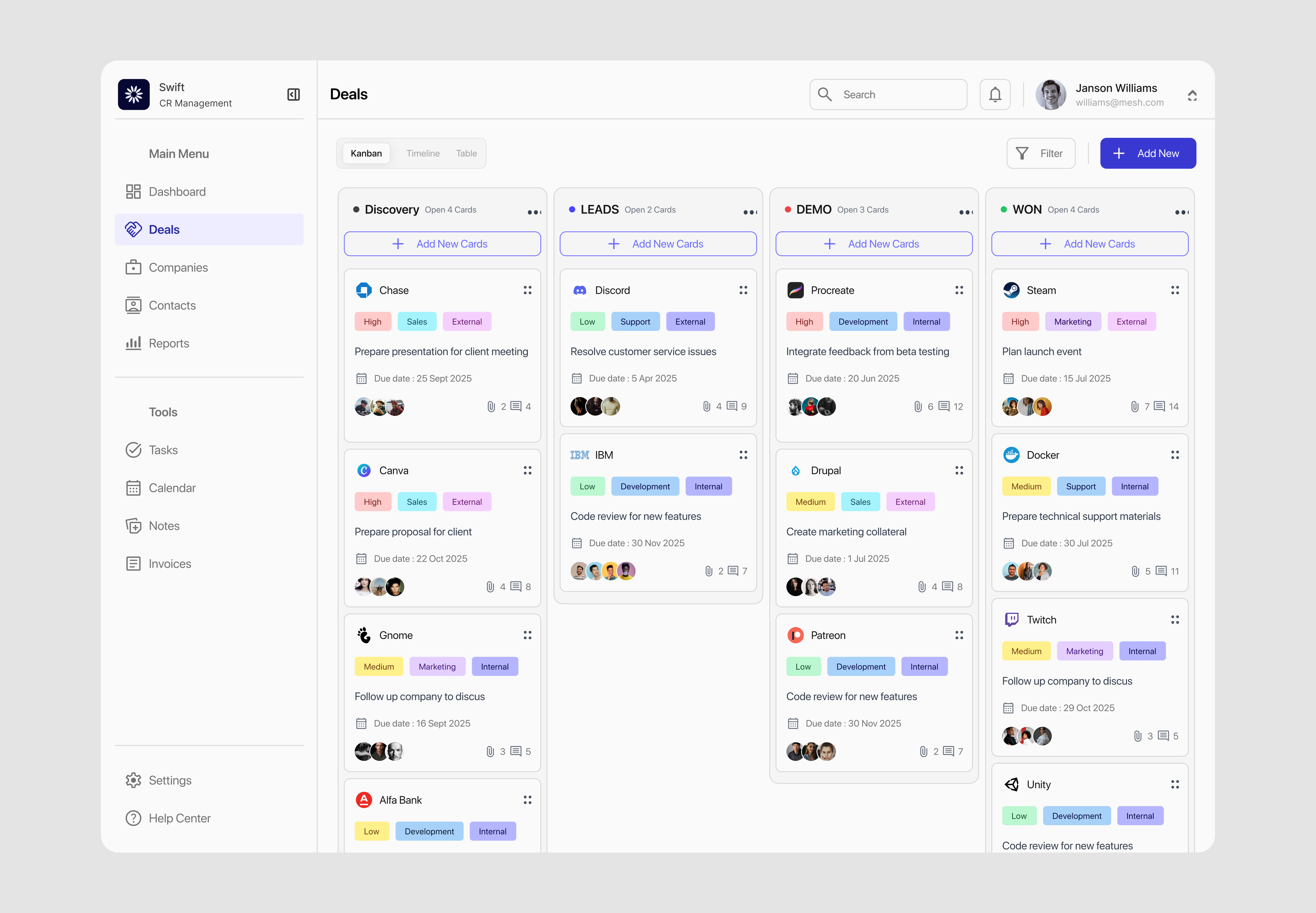 Swift - CRM Dashboard - Deals Page ai app branding clean conversion crm dashboard design graphic design illustration landing page logo saas typography ui ui design ux vector web design