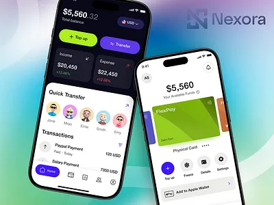 Fintech Mobile Banking App — Nexora Cards, Transfers & Wallet add to apple wallet app design card management ui digital wallet design expense tracker app finance dashboard mobile finance tracking fintech mobile app income expense cards mobile banking mobile banking app mobile banking ui mobile wallet money transfer flow neobank app paypal product design quick transfer module ui design wise