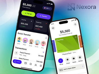 Fintech Mobile Banking App — Nexora Cards, Transfers & Wallet add to apple wallet app design card management ui digital wallet design expense tracker app finance dashboard mobile finance tracking fintech mobile app income expense cards mobile banking mobile banking app mobile banking ui mobile wallet money transfer flow neobank app paypal product design quick transfer module ui design wise