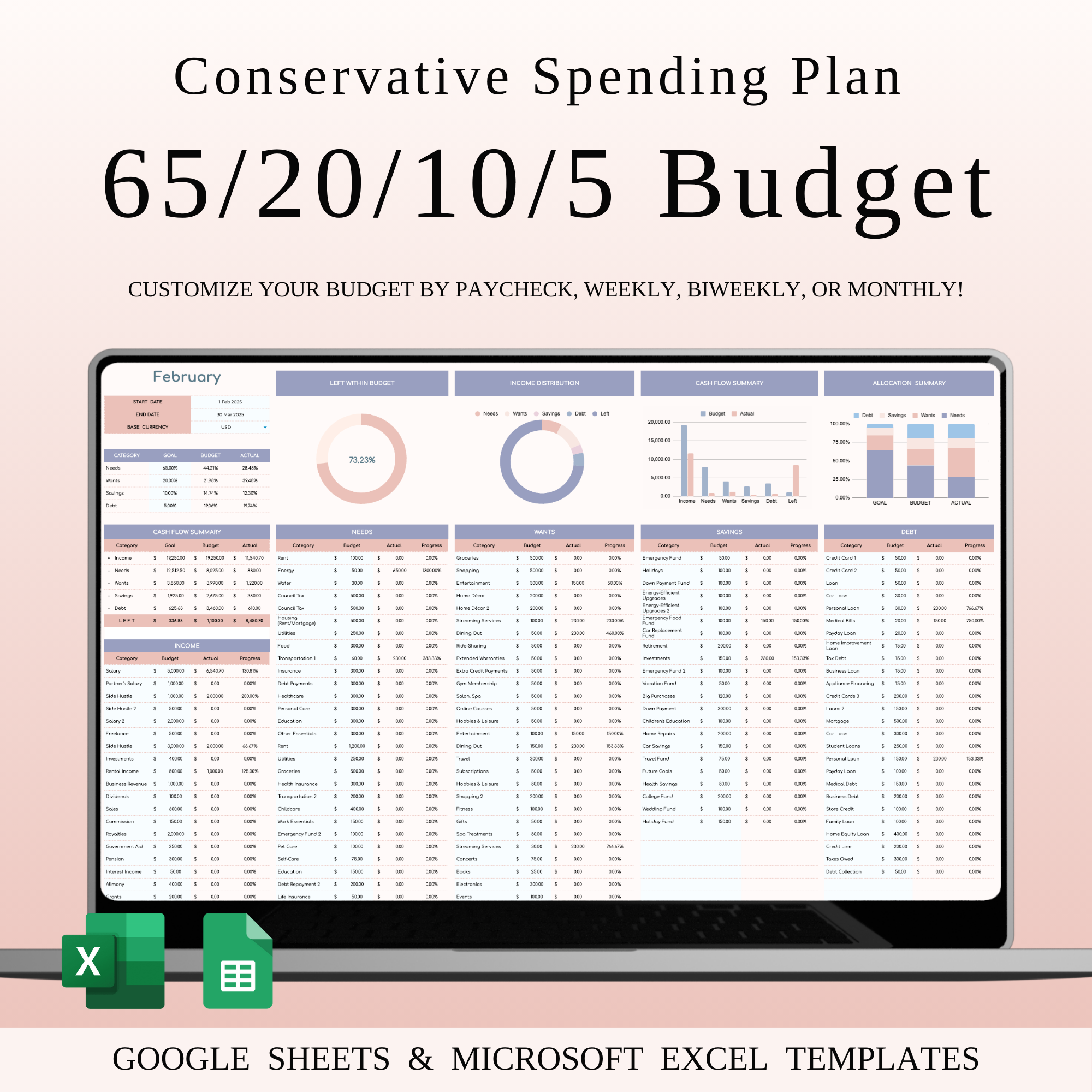 65/20/10/5 Budget Spreadsheet Template | Excel & Google Sheets 65 20 10 5 budget advanced budget budget categories budget planner budgeting spreadsheet conservative spending debt management excel budget expense tracker financial goals financial planning financial stability flexible budget google sheets budget income tracker money management monthly budget personal finance savings tracker simple budget