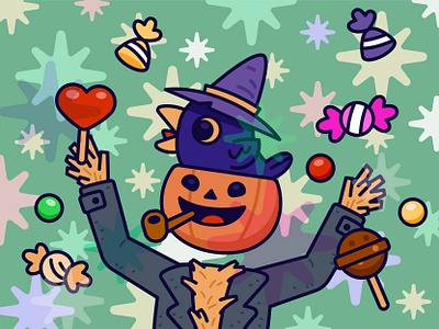 Happy Halloween candies cartoon character crow design digital flat friends funny halloween happy illustration love mascot outline pumpkin scarecrow spooky trick or treat vector