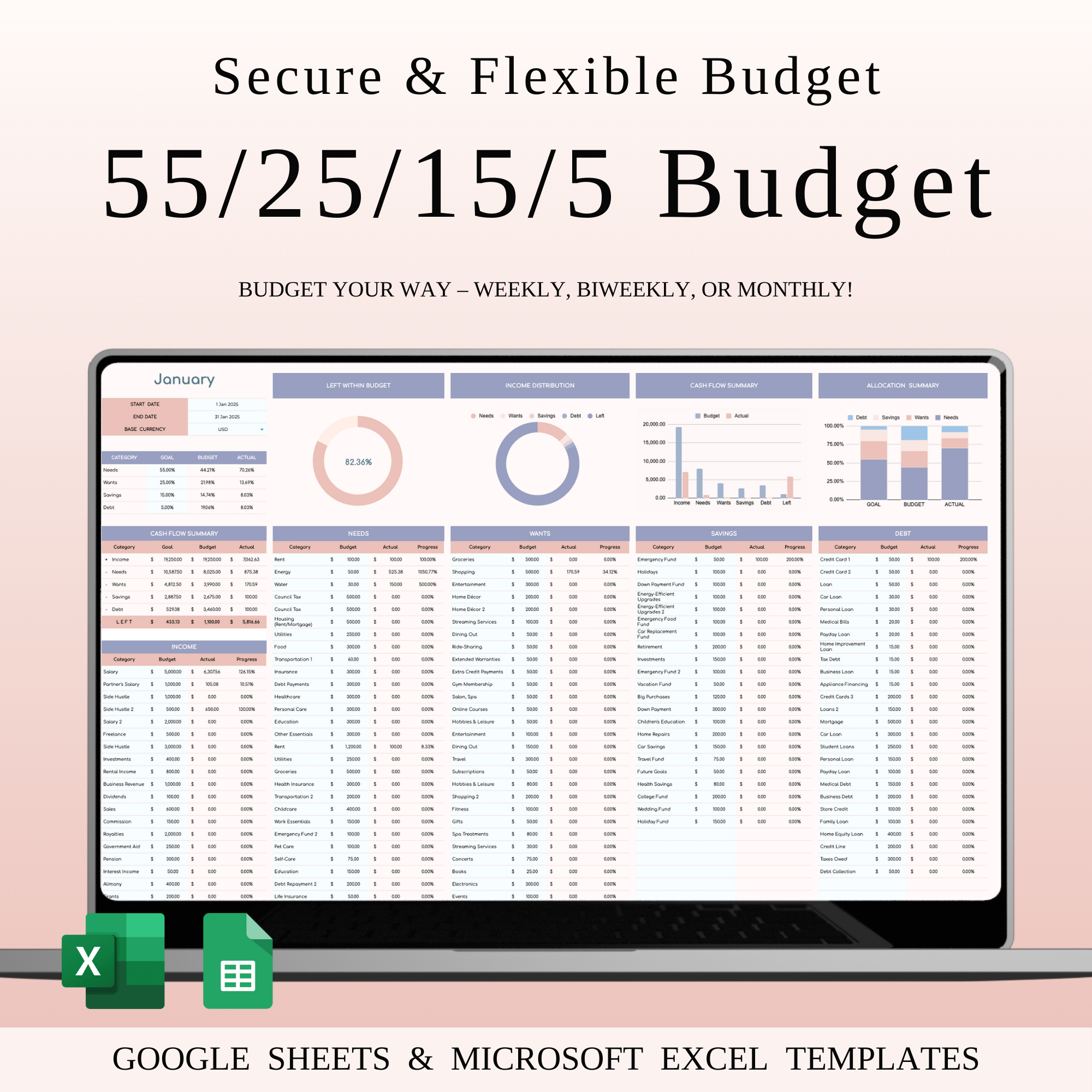 55/25/15/5 Budget Rule Spreadsheet Template 55 25 15 5 budget budget categories budgeting spreadsheet budgeting strategy debt management excel budget template expense tracker financial discipline financial goals financial planning financial stability flexible budget google sheets budget income allocation income tracker monthly budget personal finance savings planner simple budget smart money plan