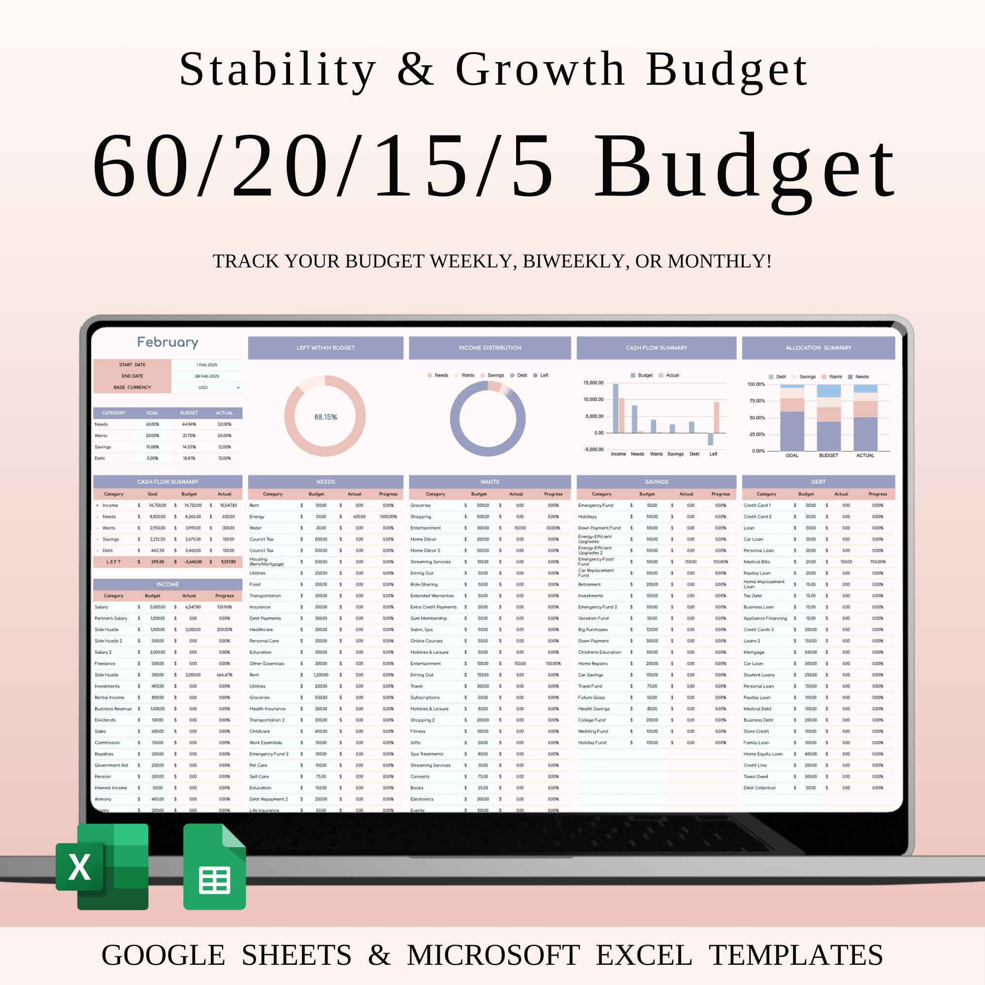 60/20/15/5 Rule Budget Spreadsheet Templates 60 20 15 5 budget budget categories budgeting strategy budgeting tool debt reduction essential expenses excel budget template expense tracker financial discipline financial goals financial planning financial security flexible budget google sheets budget income tracker money management monthly budget personal finance savings planner stability and growth
