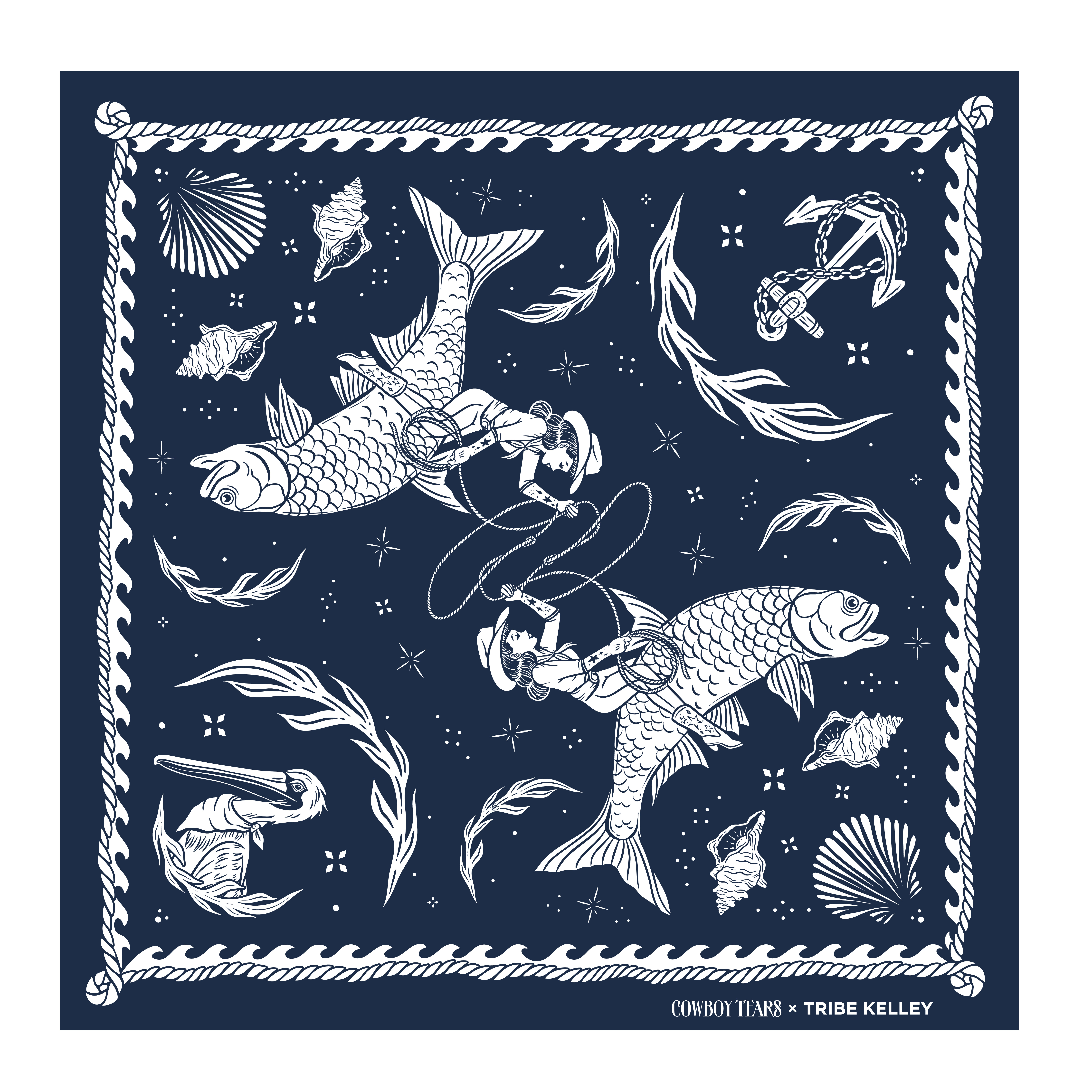 Coastal Rodeo Bandana bandana coastal rodeo cowboy cowgirl design fish hand drawn illustration lasso ocean pin up girl rodeo seashells waves woman